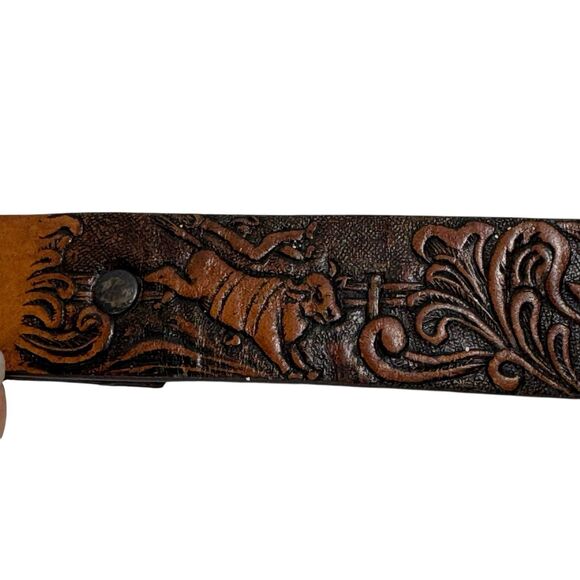 3D Leather Tooled Bucking Bronco Bull Roping Cowboy Western Belt - Picture 3 of 12